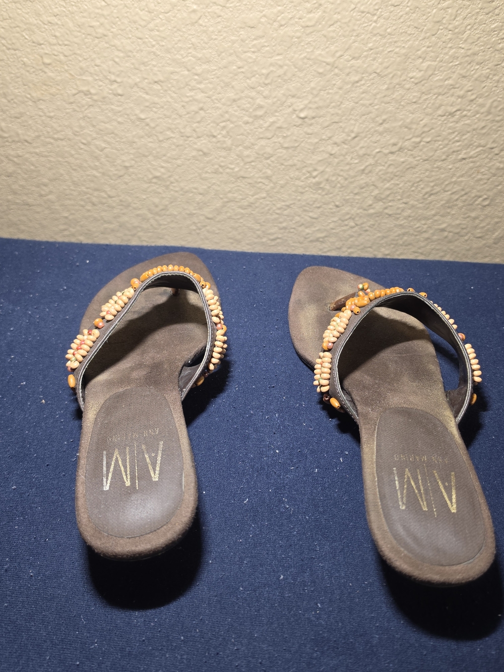 Ann Marino Brown Beaded Thong Sandals with Multicolor Accents - Picture 3 of 5